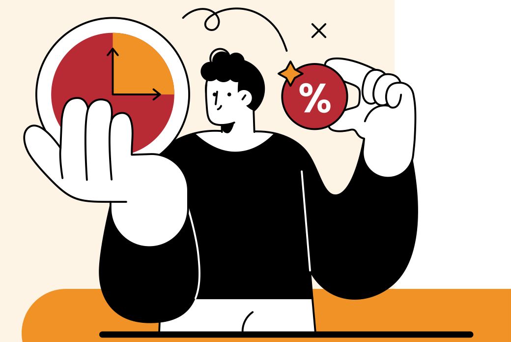 Tekening van een man, met een cirkeldiagram in zijn hand, afkomstig het onderzoek naar verzuimcijfers in het mbo.